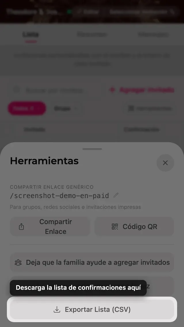 El botón exportar lista dentro del panel Herramientas