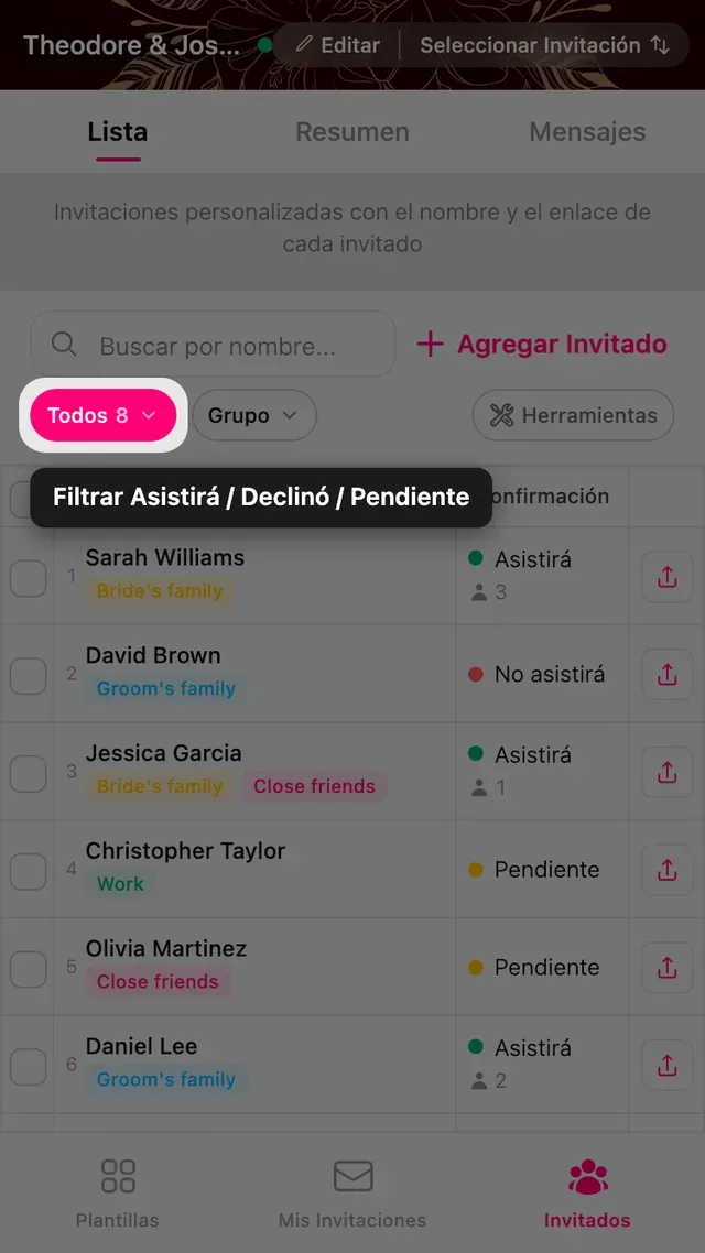 El filtro por estado de confirmación en la página Invitados