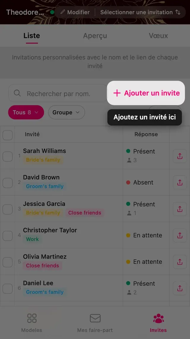 Le bouton Ajouter un invité en haut de la liste