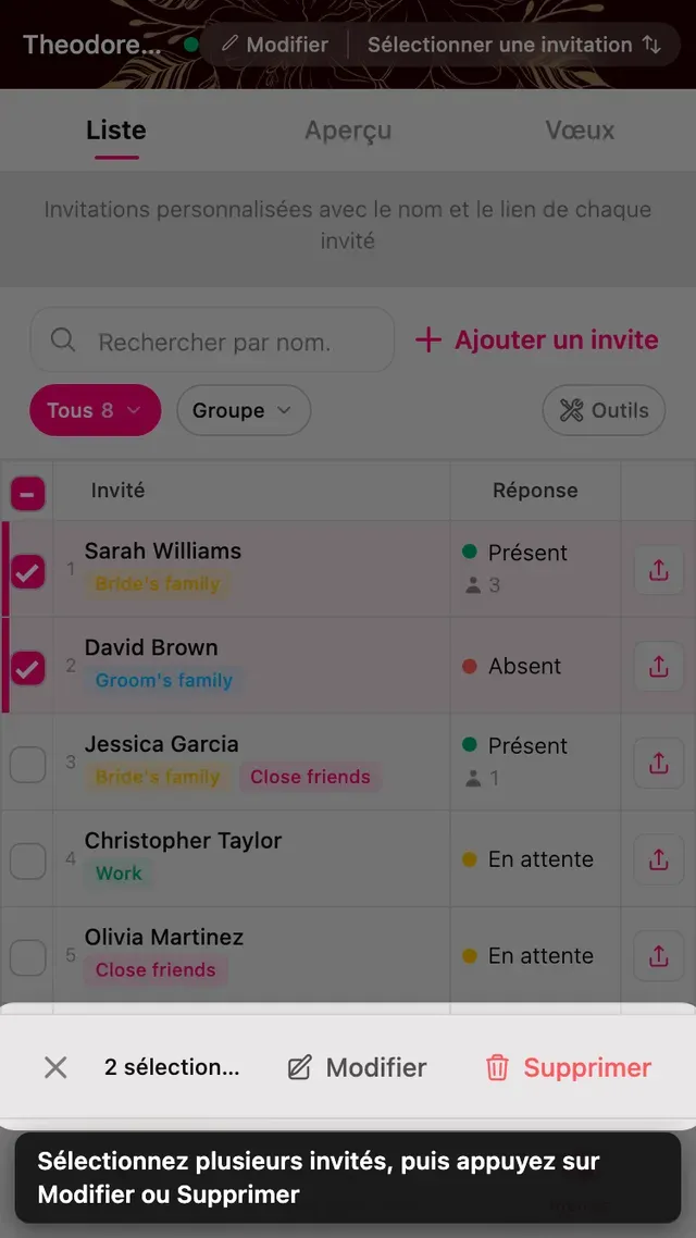 Deux lignes d'invités cochées, avec la barre modifier et supprimer en bas