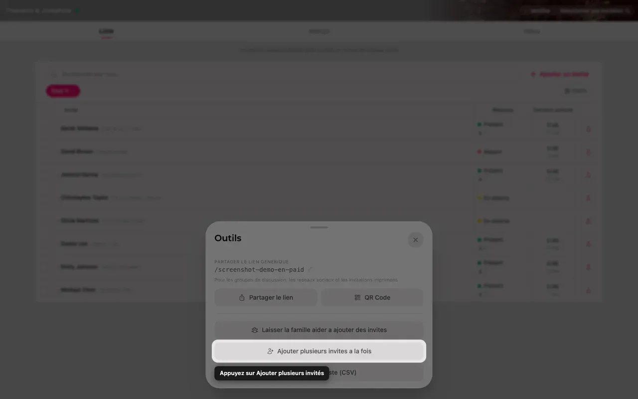 Le bouton Ajouter plusieurs invités dans le panneau Outils