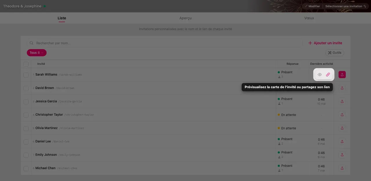 Les actions aperçu et partage sur une ligne d'invité