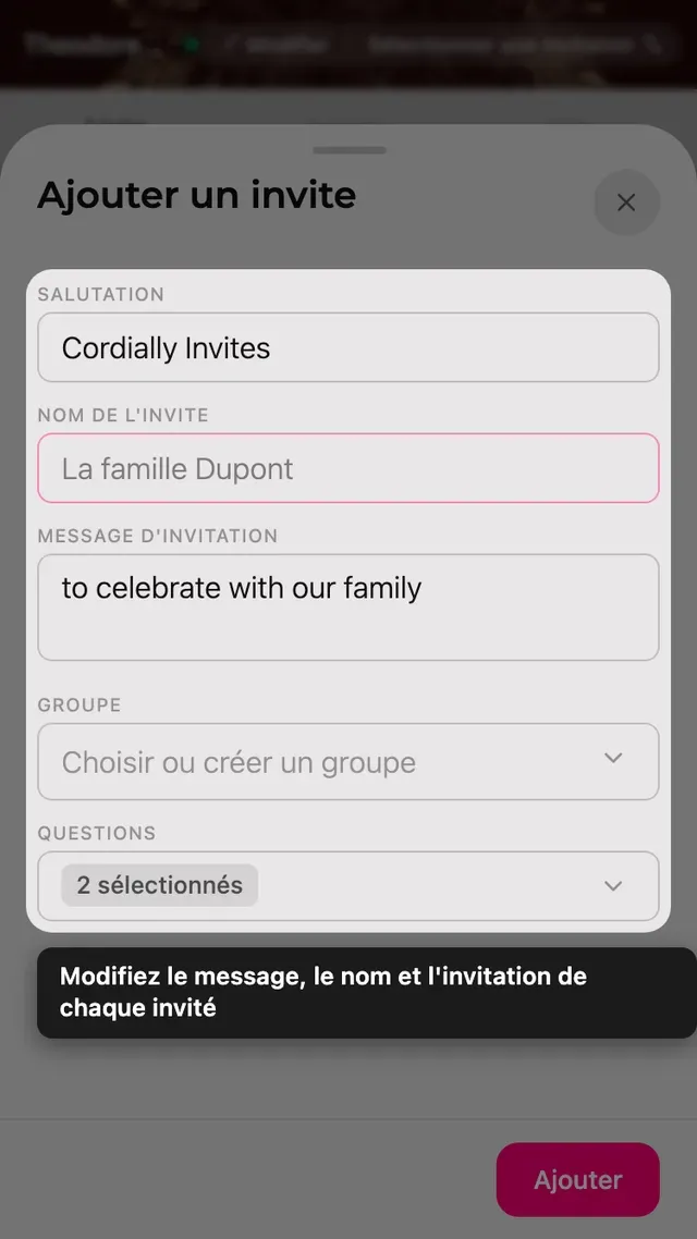 Le formulaire d'invité avec la ligne d'invitation, le nom, le message, le groupe et les questions