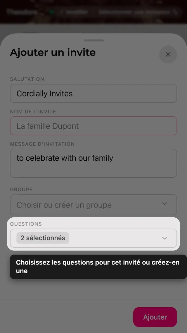 Le champ Questions du formulaire, avec un sélecteur de questions RSVP