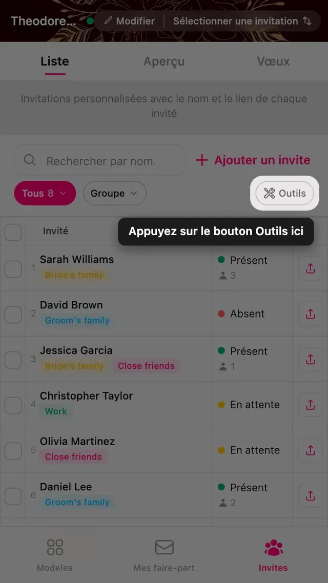 Le bouton Outils à la fin de la ligne de filtres dans le gestionnaire d’invités