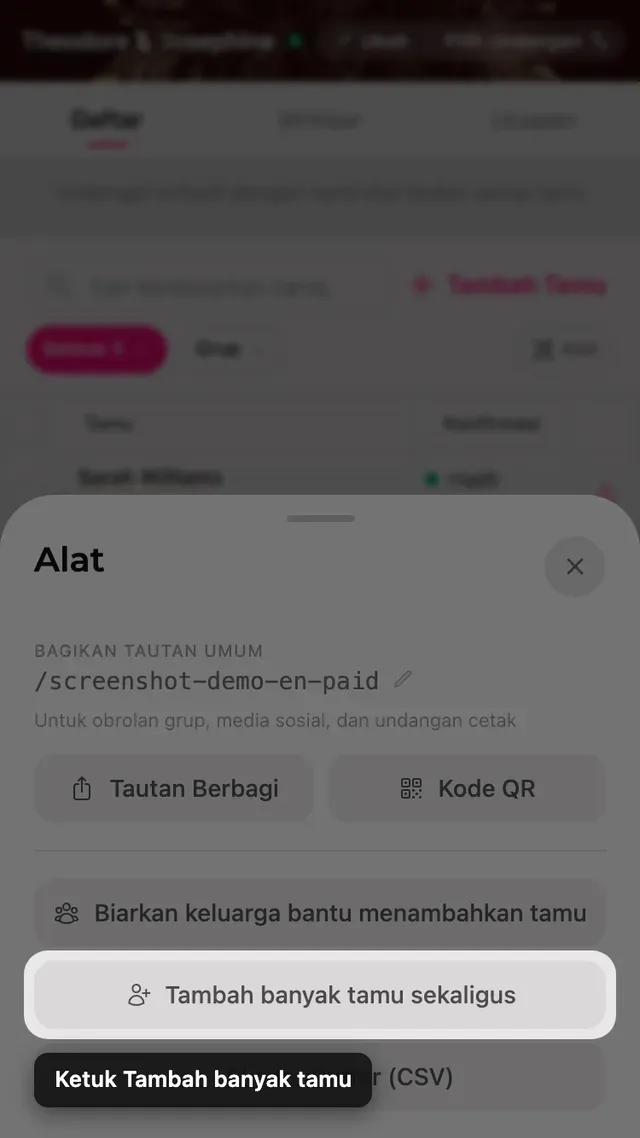 Tombol Tambah banyak tamu di dalam panel Alat