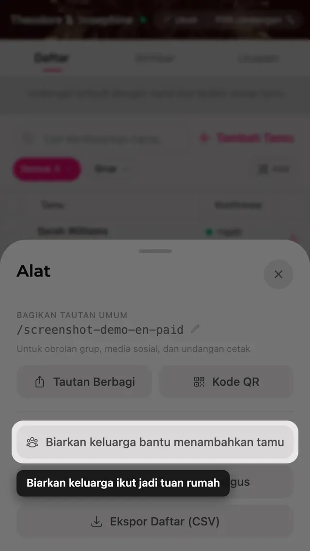 Tombol ajak keluarga membantu di dalam panel Alat