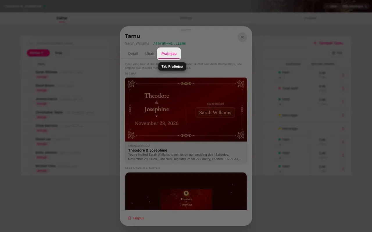 Tab pratinjau pada lembar tamu, memperlihatkan kartu tautan dan amplop bernama tamu itu