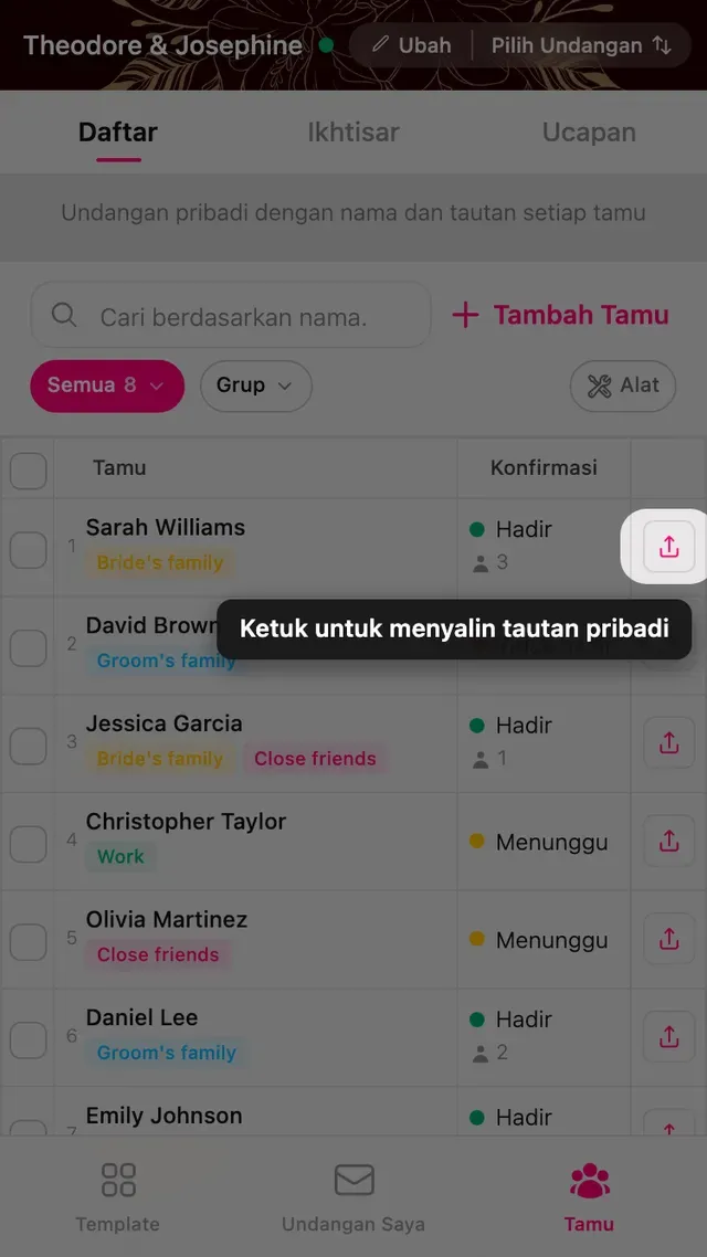 Tombol salin di ujung baris tamu