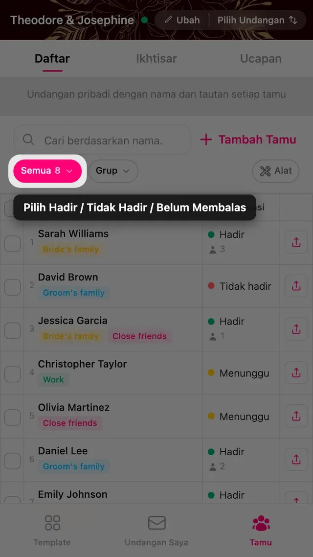 Pil filter konfirmasi di atas daftar tamu