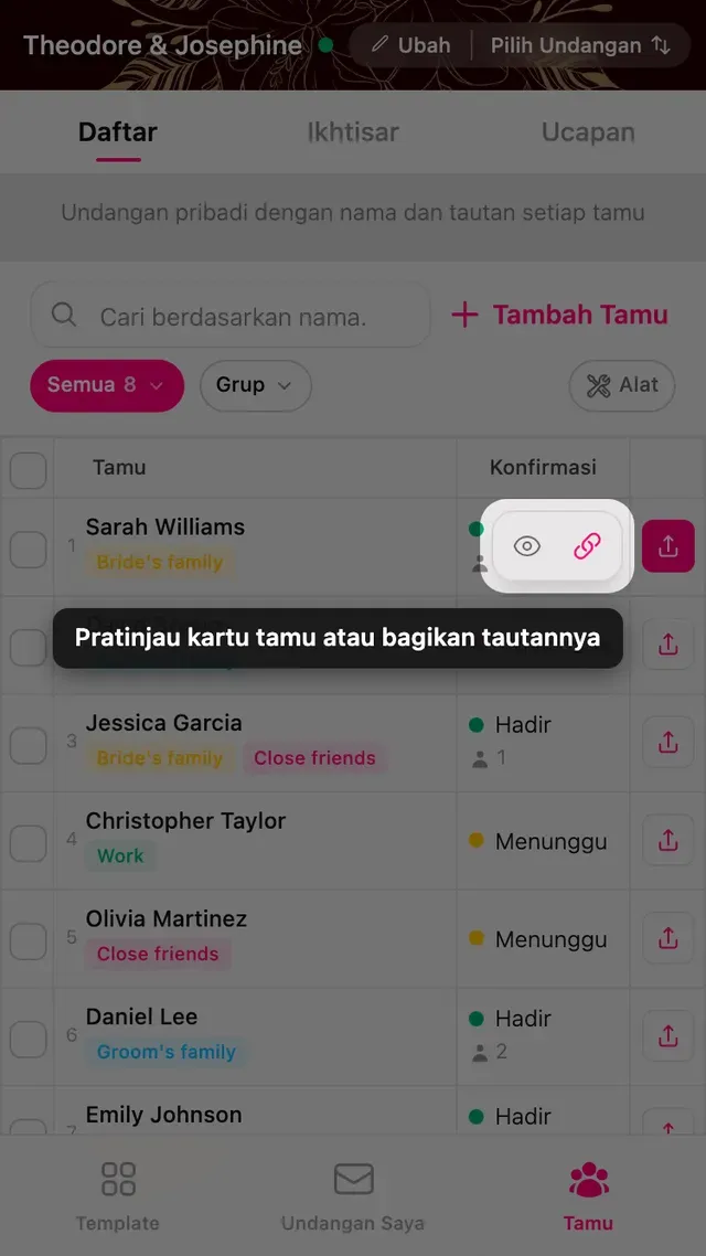 Tombol pratinjau dan bagikan pada baris tamu