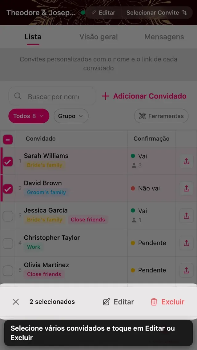 Duas linhas de convidados marcadas, com a barra de editar e apagar embaixo