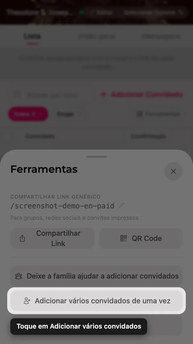 O botão Adicionar vários convidados dentro do painel Ferramentas