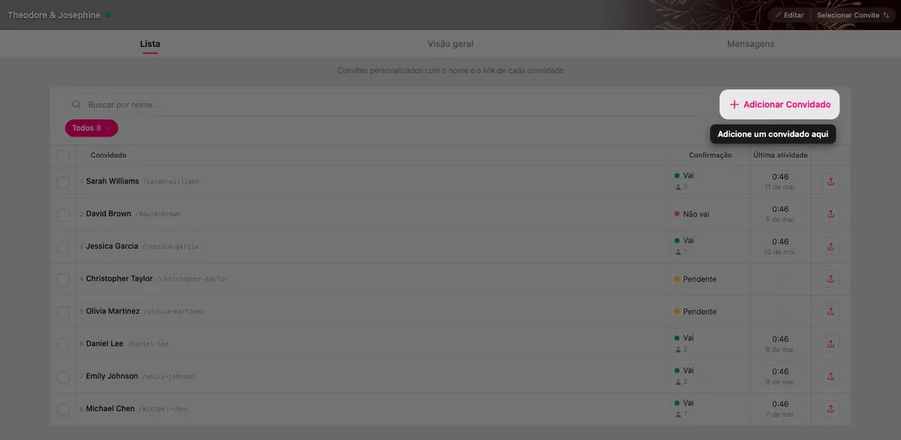 O botão Adicionar convidado no topo da lista
