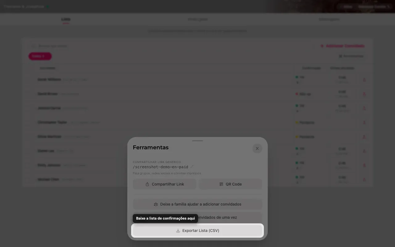 O botão exportar lista dentro do painel Ferramentas