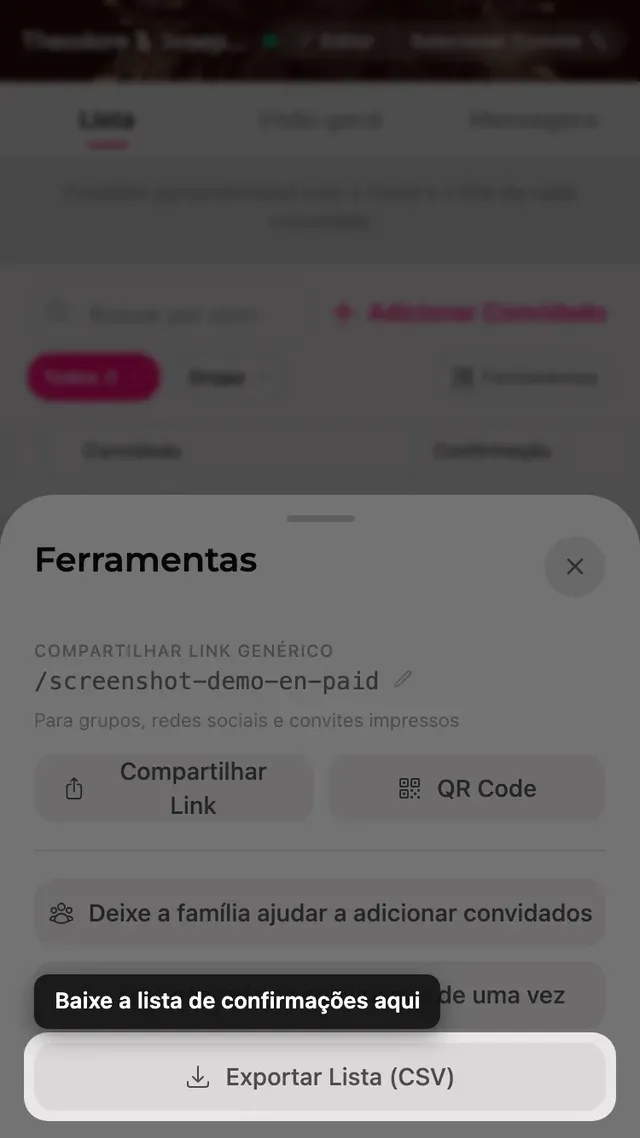 O botão exportar lista dentro do painel Ferramentas