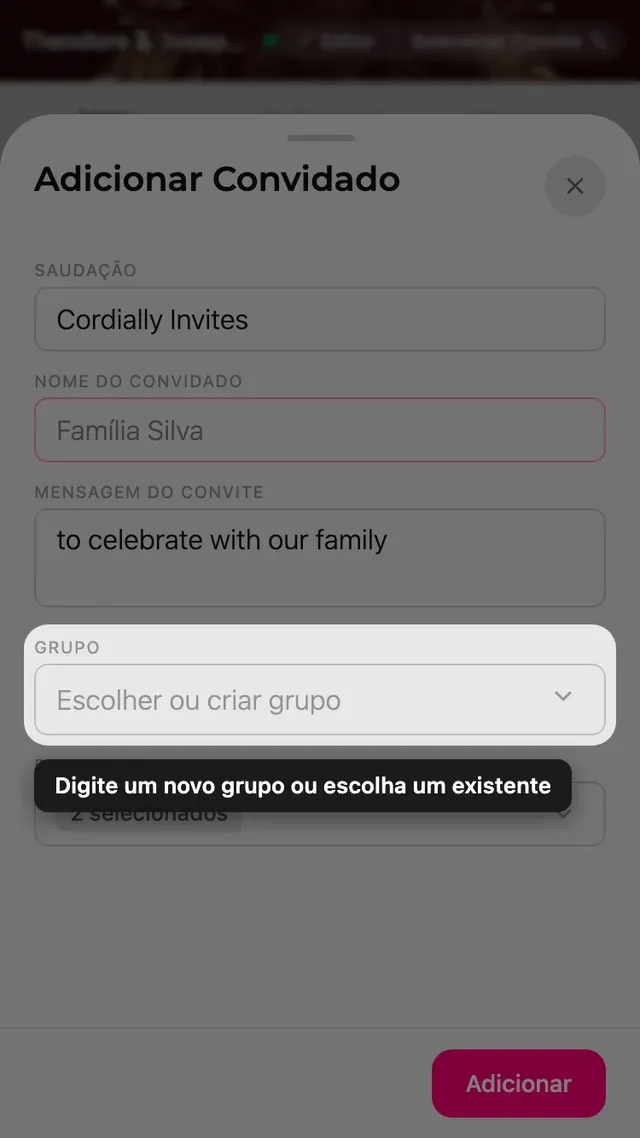 O campo Grupo do formulário, com um seletor de grupos existentes e novos