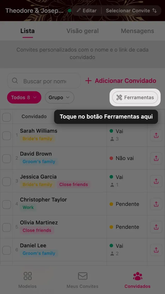 O botão Ferramentas no fim da linha de filtros do gerenciador de convidados