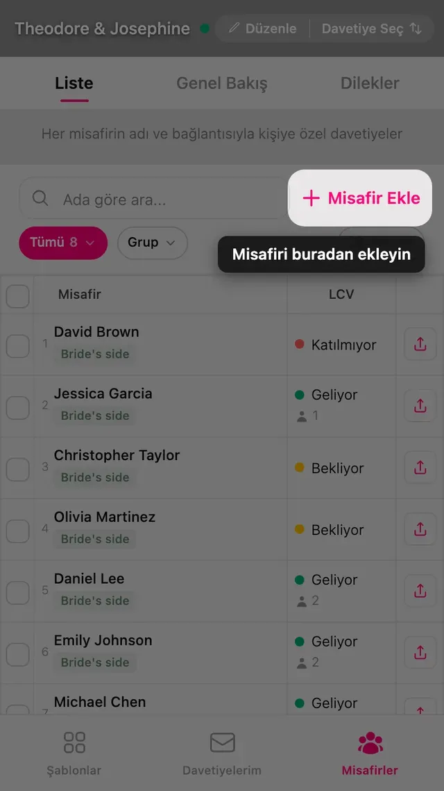 Misafir listesinin üst kısmındaki Misafir ekle düğmesi