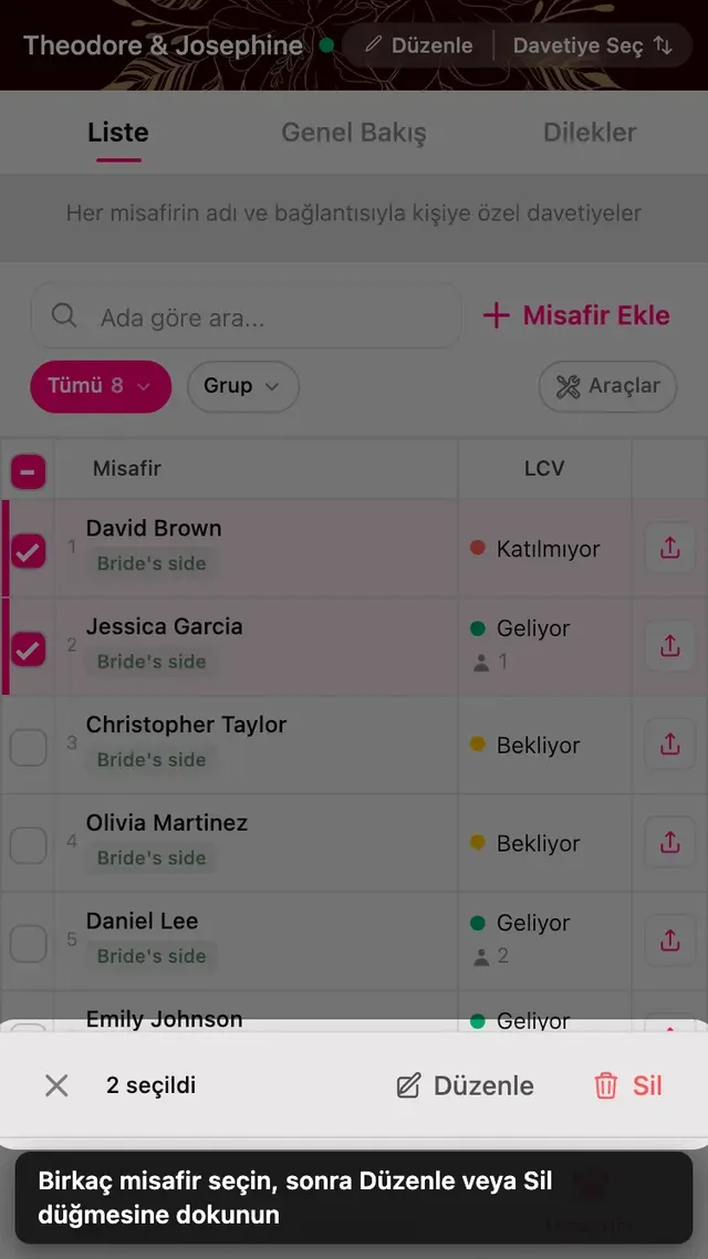 İşaretlenmiş iki misafir satırı ve altta düzenle ve sil çubuğu