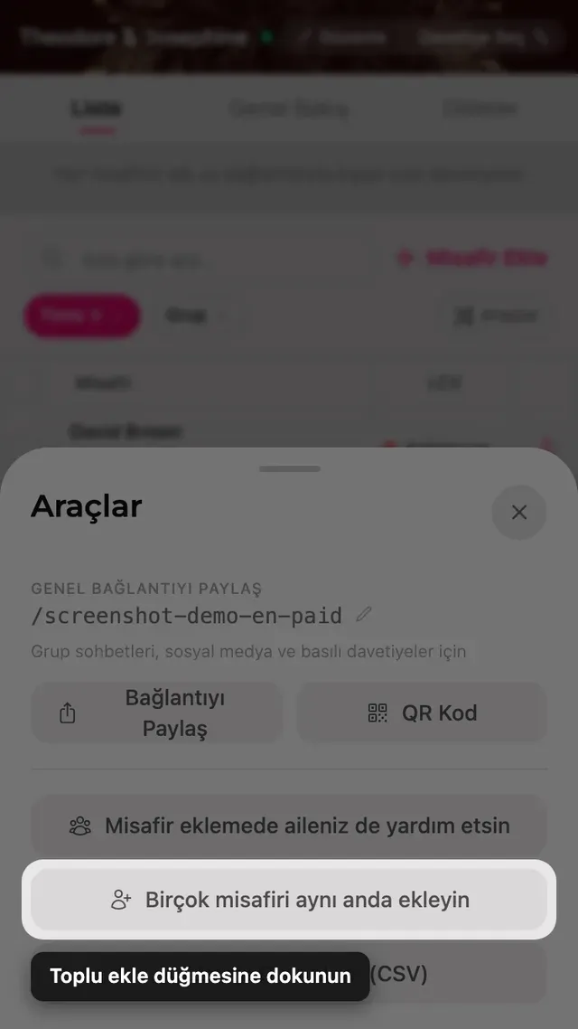Araçlar panelindeki Çok sayıda misafir ekle düğmesi