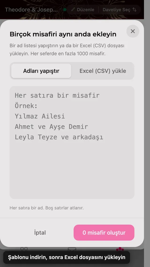 Ad yapıştırma ve tablo yükleme sekmeleri olan toplu ekleme paneli