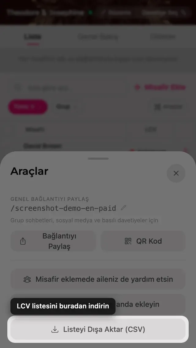 Araçlar panelindeki listeyi dışa aktar düğmesi