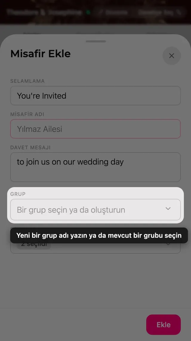 Misafir formundaki grup alanı ve var olan ya da yeni gruplar için seçici