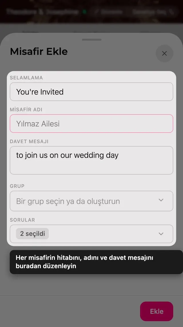 Misafirler sayfasındaki misafir ekleme formu