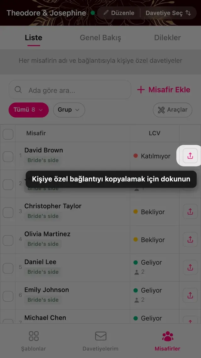 Bir misafirin satırındaki kişisel bağlantıyı kopyala düğmesi