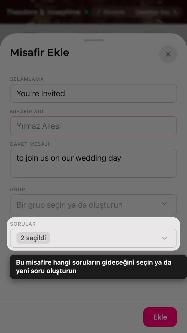 Misafir formundaki sorular alanı ve LCV soruları için seçici