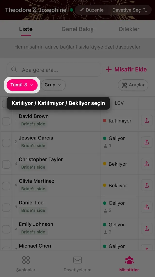 Misafirler sayfasındaki LCV durum filtresi