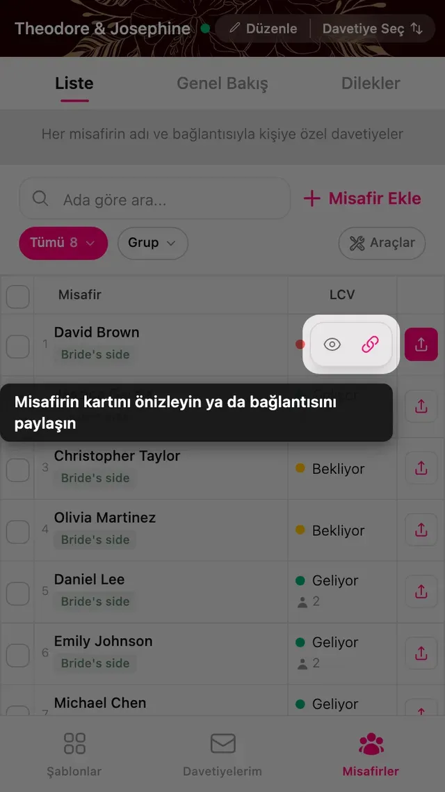 Bir misafirin satırındaki hızlı gönderme düğmeleri