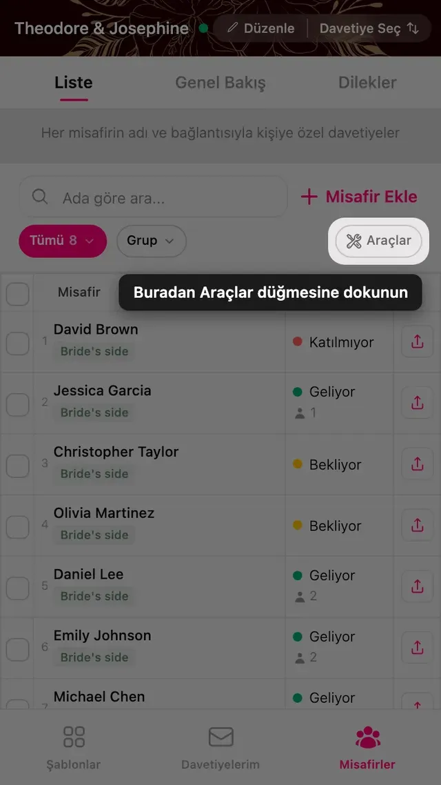 Misafir yönetiminde filtre satırının sonundaki Araçlar düğmesi
