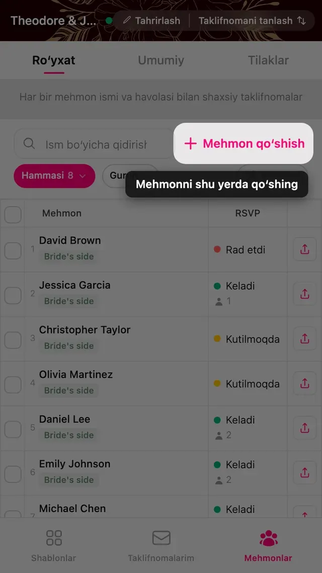 Mehmonlar roʻyxati yuqorisidagi Mehmon qoʻshish tugmasi