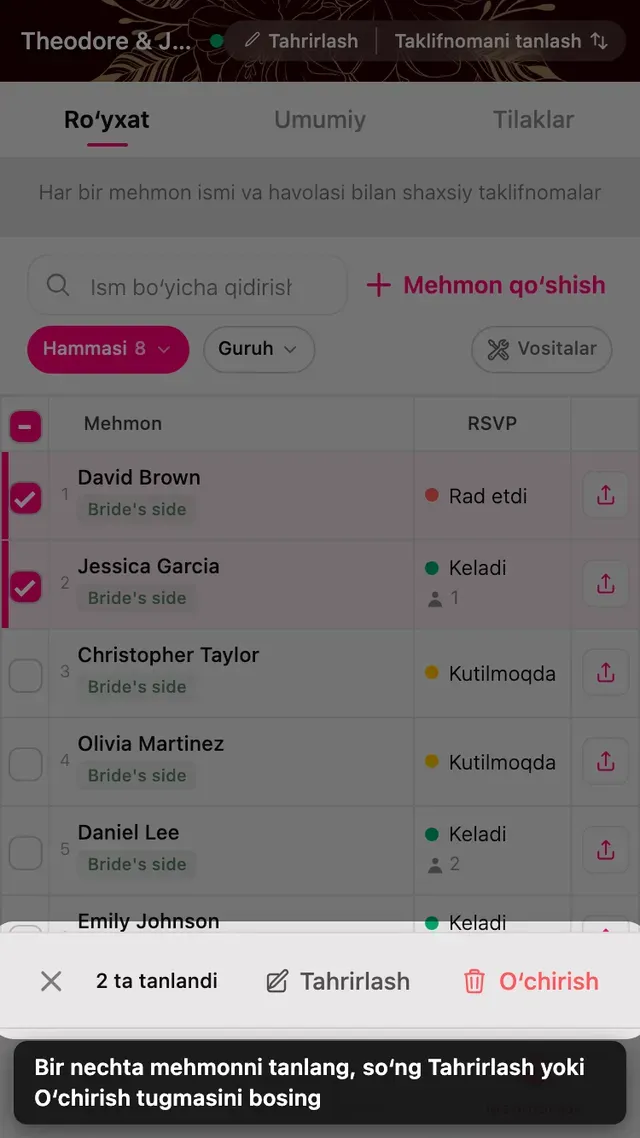 Belgilangan ikki mehmon qatori va pastdagi tahrirlash hamda oʻchirish paneli