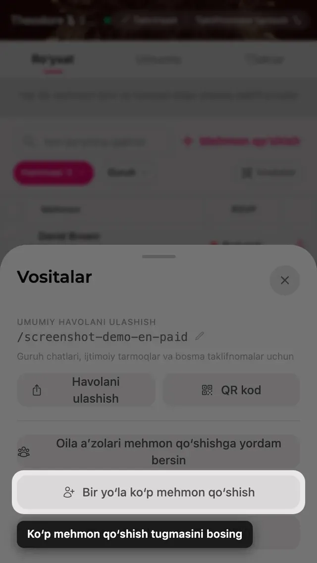 Vositalar oynasidagi Koʻp mehmon qoʻshish tugmasi