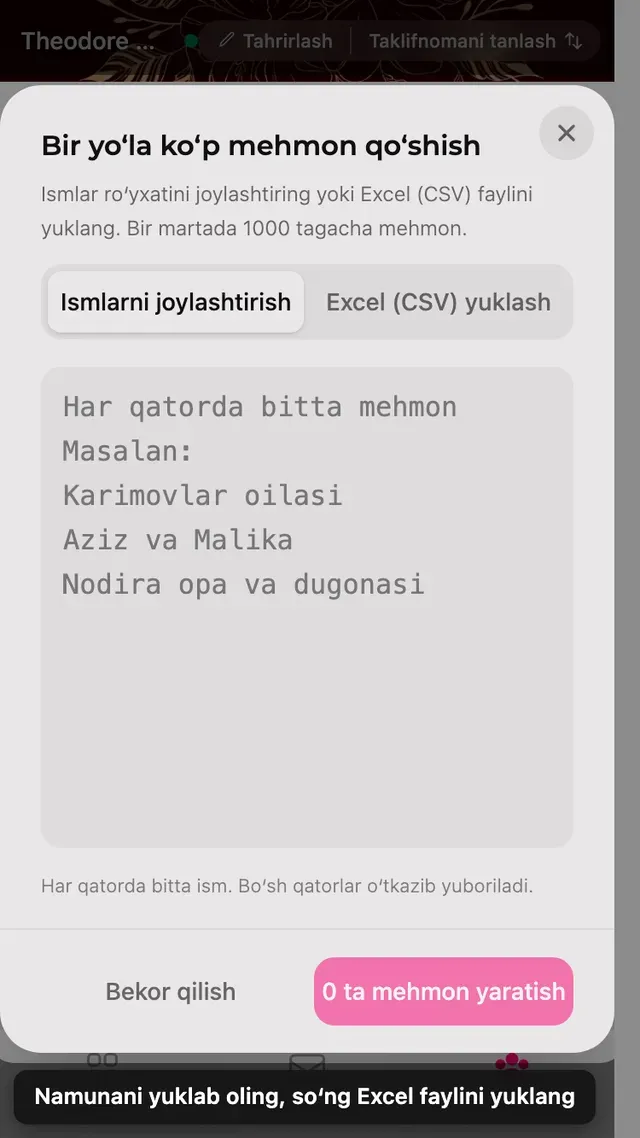 Ismlarni joylashtirish va jadval yuklash yorliqlari bor ommaviy qoʻshish paneli