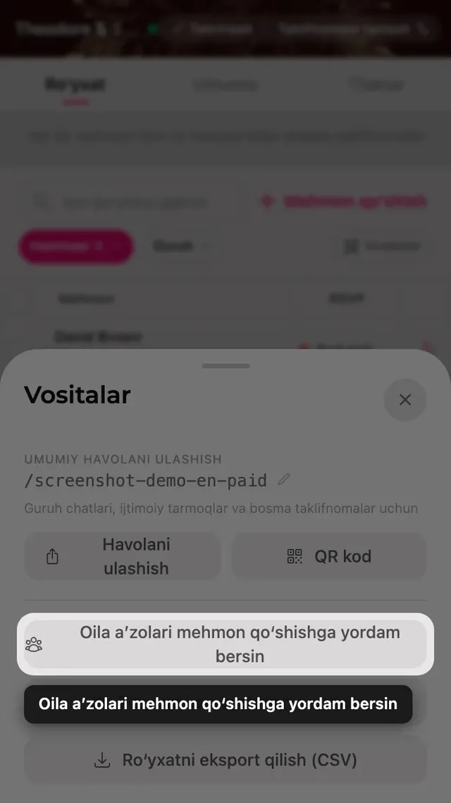 Vositalar oynasidagi oilani yordamga taklif qilish tugmasi
