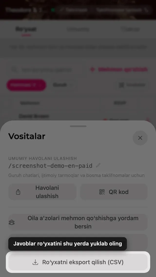 Vositalar oynasidagi roʻyxatni eksport qilish tugmasi