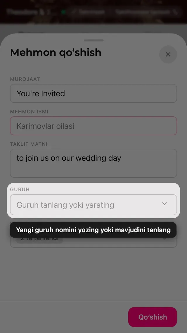 Mehmon shaklidagi guruh maydoni, mavjud va yangi guruhlar uchun tanlagich bilan