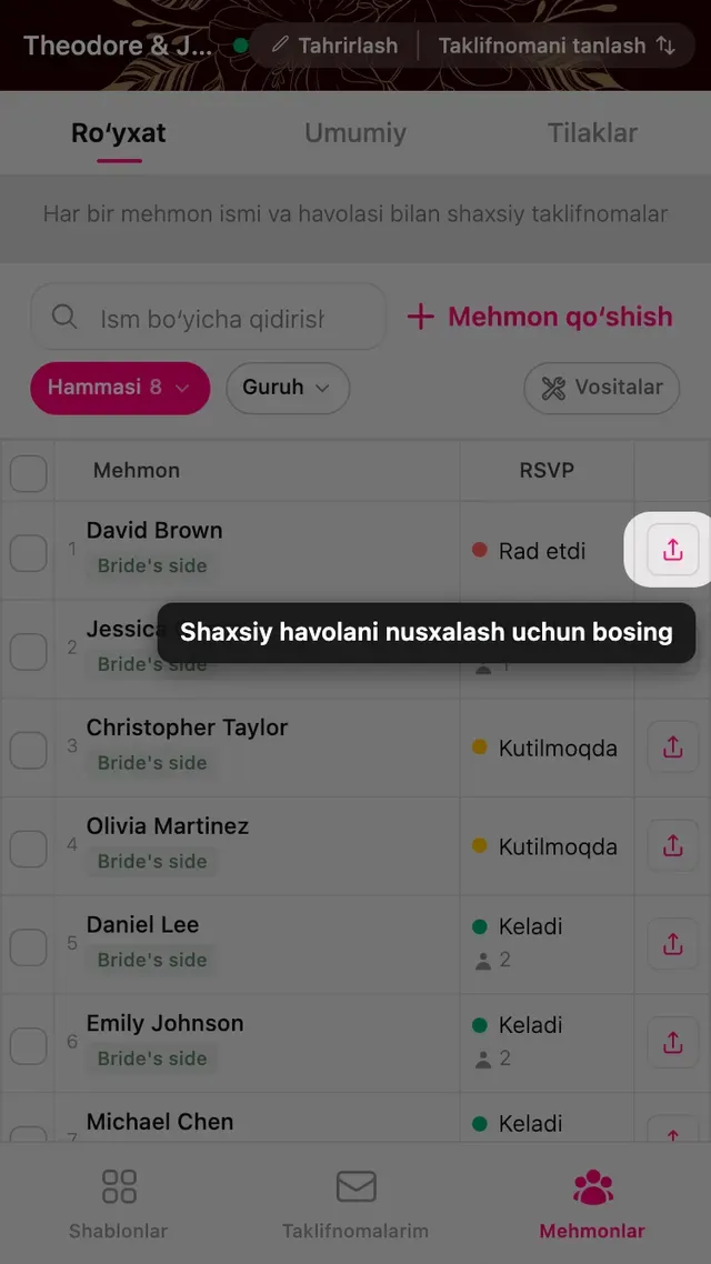 Mehmon qatori oxiridagi nusxalash tugmasi