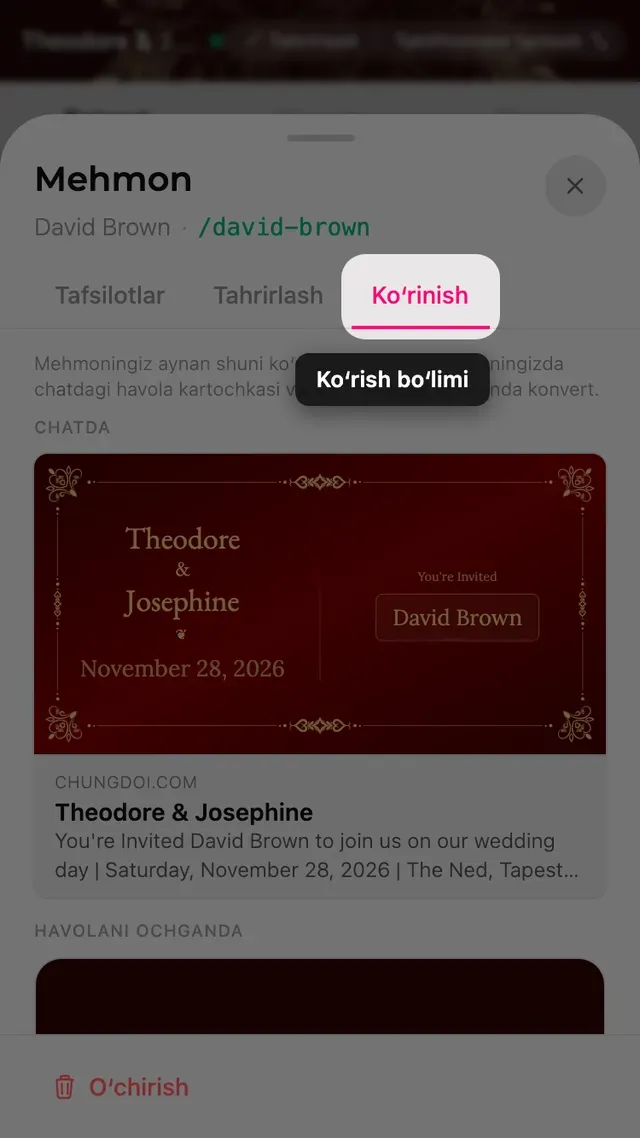 Mehmon oynasidagi koʻrish yorligʻi, havola kartasi va mehmon ismi yozilgan konvert bilan