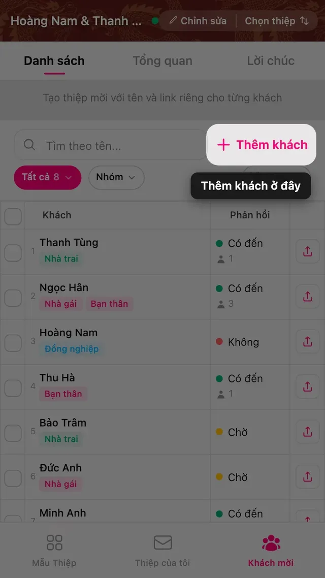 Nút Thêm khách ở đầu danh sách khách mời