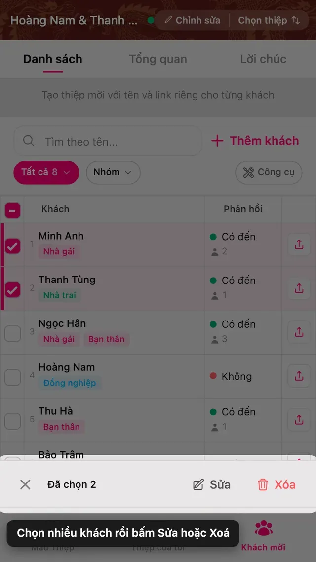 Hai dòng khách được tích chọn, cùng thanh Sửa và Xóa ở dưới