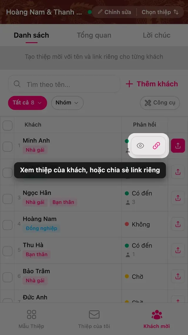 Nút xem trước và chia sẻ trên một dòng khách mời