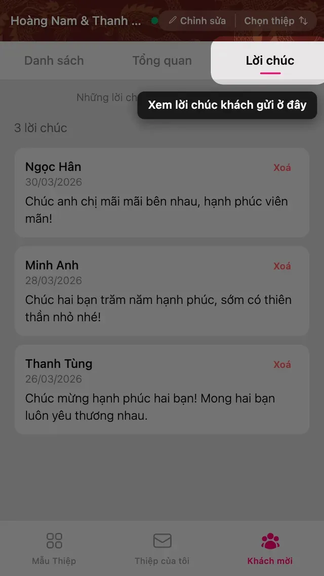 Tab Lời chúc trong trang Khách mời