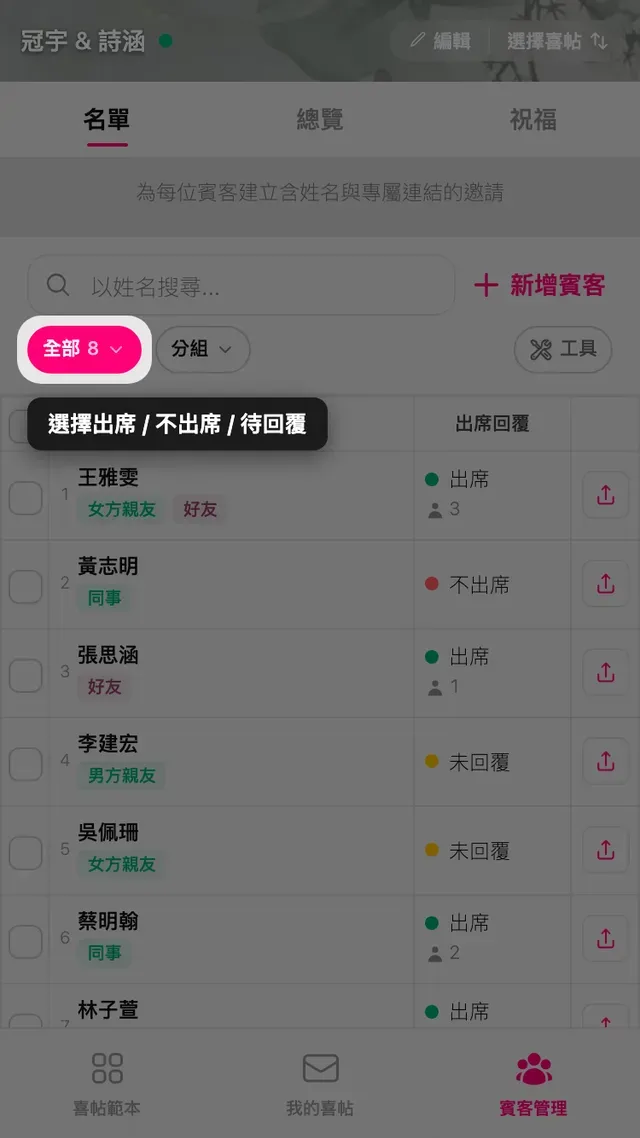 賓客頁面的出席狀態篩選