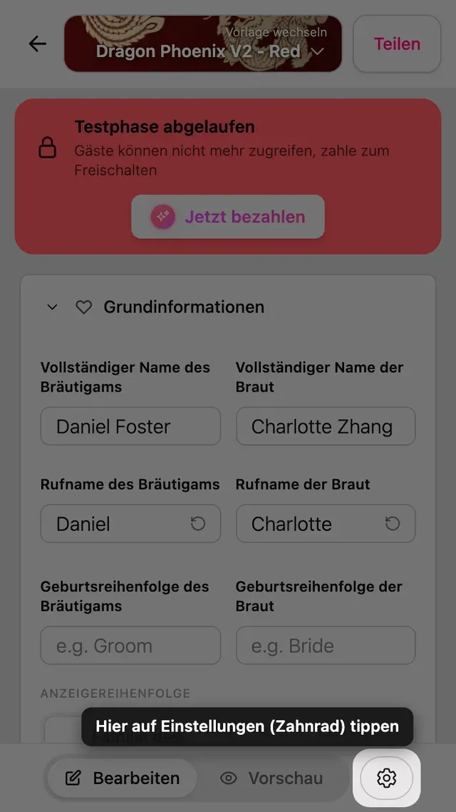 Das Einstellungs-Zahnrad oben im Editor