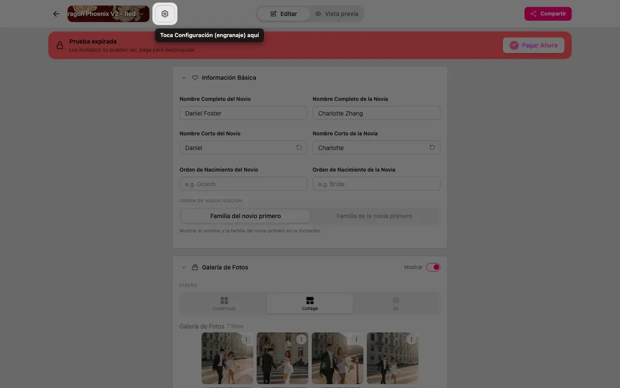 La rueda de ajustes en la parte superior del editor